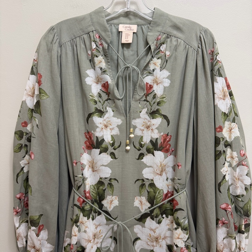 Camila Coelho Floral Mini Dress Blouson Sleeve Waist Tie Size Sage Green Size XS - Picture 4 of 11
